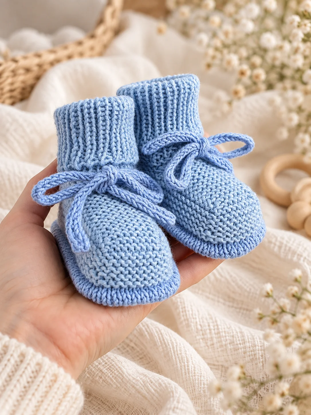 Žydri rankomis megzti merino vilnos kūdikio tapukai su raišteliais, laikomi ant delno